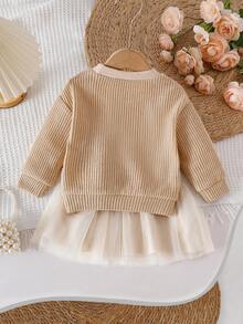 SHEIN Playful Pals 2 件套女婴蝴蝶装饰圆领长袖上衣和网纱裙套装，优雅可爱，适合秋冬季