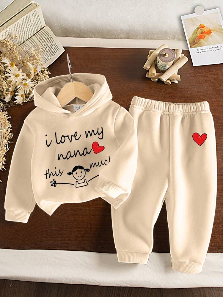 SHEIN 1 Set Baby Girls Casual Cute Slogan, Heart & Girl Graphic Print Hoodie & Sweatpants Set, "I Love My Nana" Outfit, Autumn/Winter - Multicolor - View 1
