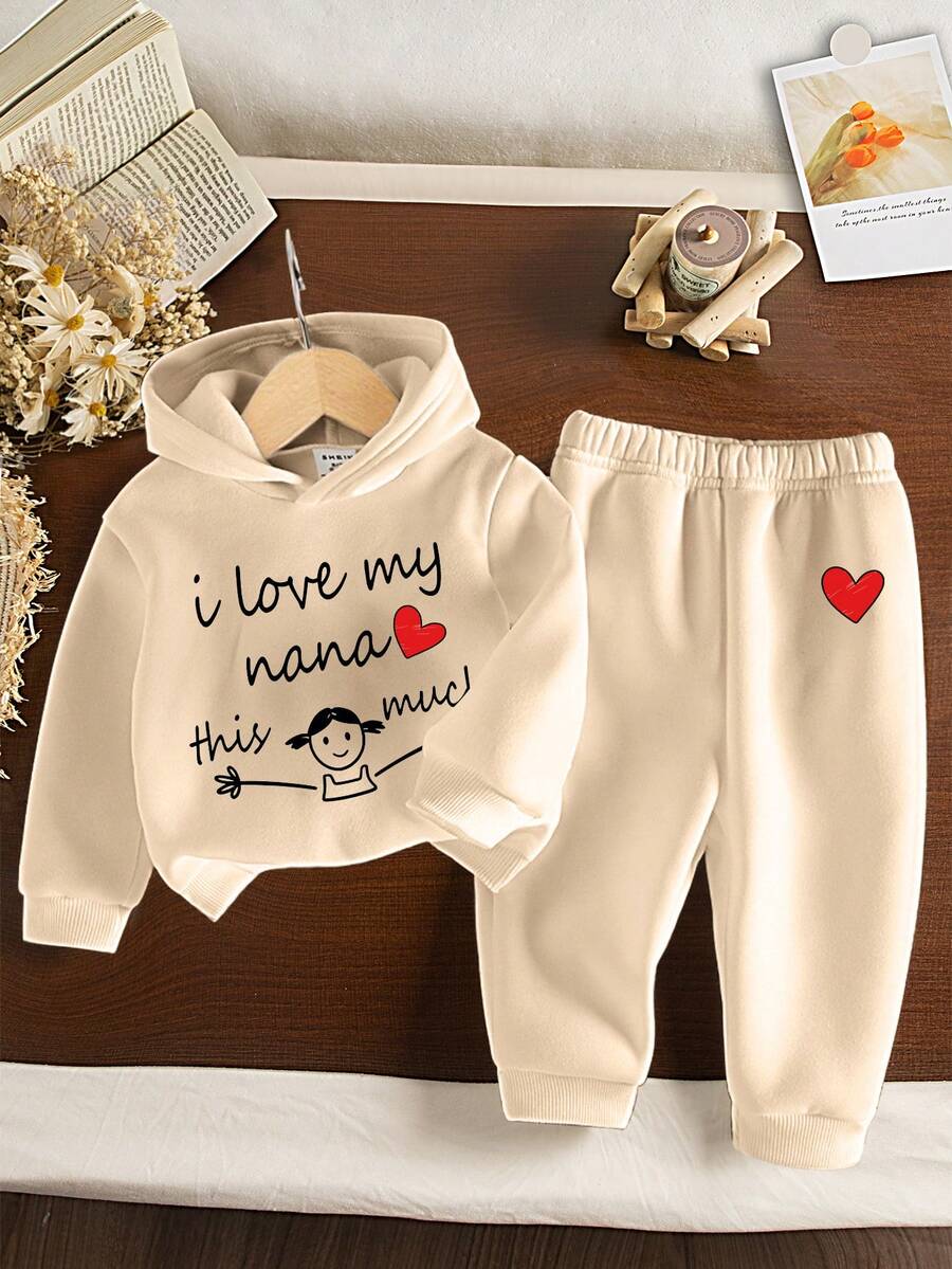 SHEIN 1 Set Baby Girls Casual Cute Slogan, Heart & Girl Graphic Print Hoodie & Sweatpants Set, "I Love My Nana" Outfit, Autumn/Winter - Multicolor - View 1