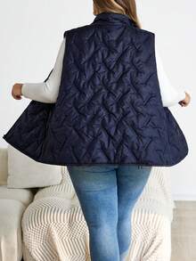 SHEIN CURVE+ معطف كاجوال بدون أكمام مبطن مع جيوب وسحاب أمامي، لون أحادي مناسب للارتداء اليومي في الشتاء للمقاسات الكبيرة