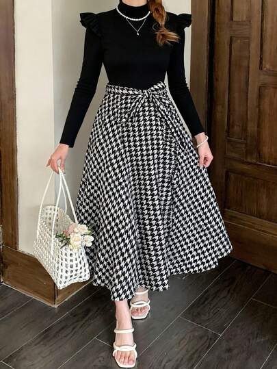 Teen Girls' Elegant Commuter Casual Puff Sleeve Ribbed Patchwork Houndstooth Pattern Midi Dress, Tie Detail, Sundress, Girls Dress, Black Girls Dress, Ruffle Hem Girls Dress, Back To School, Spring Festival, Party