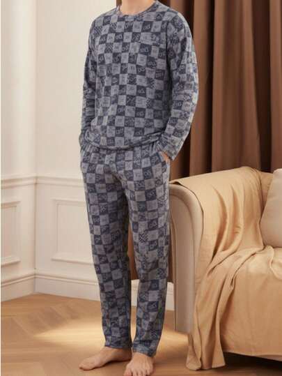 Conjunto pijama para hombre pantalón y playera manga larga diseño cuadros azul dio