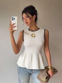 Siren Gaze Women's Contrast Trim Round Neck Sleeveless Casual Versatile Knit Top, Autumn/Winter Summer - Apricot - View 3