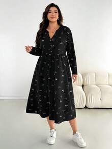 Shapeblank Váy dài tay họa tiết hoa màu đen cỡ lớn, thoải mái hàng ngày, thời trang thu đông dành cho nữ, có túi, trang phục mùa thu, váy mùa thu - màu đen - Xem 4