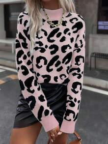 SHEIN LUNE Women's Leopard Print Crew Neck Casual Long Sleeve Pullover Sweater - Multicolor - View 4