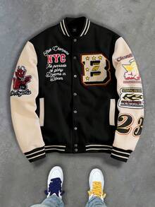 Manfinity Roghcode Men's Contrast Color Patchwork Varsity Jacket,Casual Fashionable Baseball Letterman Jacket With Front Buttons,Long Sleeve Y2k Custom Style Outerwear - Multicolor - View 3