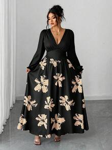 Elenzga Plus Size Women Elegant Graphic Print V-Neck Long Sleeve Frill Trim Belted Waist Slim Fit Maxi Dress, Spring/Autumn
