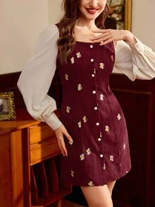 Vintamour Vintage Classic Elegant Women's Dress, Autumn/Winter Fitted Ladies' Corduroy Embroidered Dress, Long Sleeve Short Dress, Apricot Coffee Dress, Patchwork Dress, Square Collar Dress Burgundy - Burgundy - View 6
