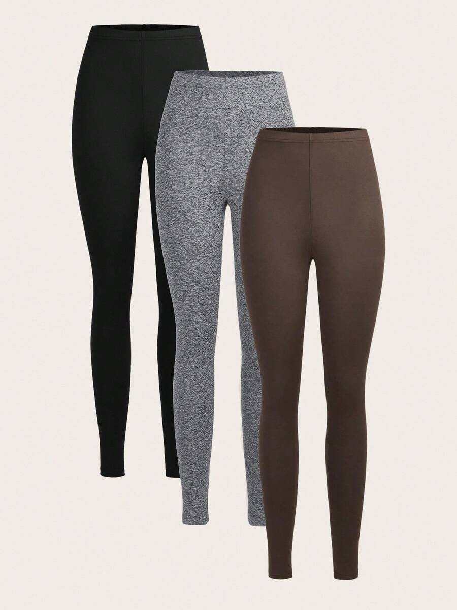 SHEIN EZwear 3 件纯色百搭修身打底裤，适合春秋季休闲外出 - 彩色 - 查看 1