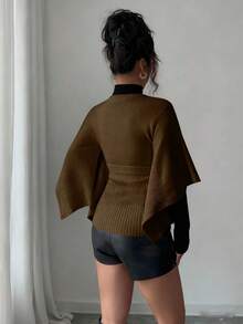 Elenzga Women's Elegant Solid Color Round Neck Belted Sweater - Chocolate Brown - View 2