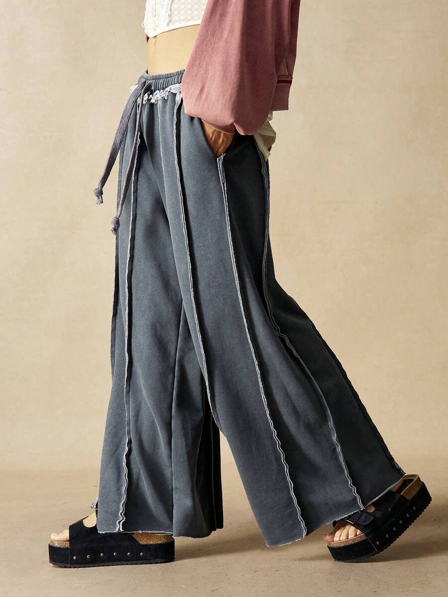 Bohemela Quần ống rộng dệt kim trơn màu phong cách Giáng sinh mùa đông dành cho nữ - Xám - Xem 1