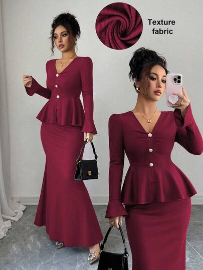 Elenzga Elegant Chic French Style Brown Textured Fabric, Fitted V-Neck Front Metal Buckle Decor, Flared Sleeve A-Line Top & Mermaid Hem Skirt 2 Pieces Set For Women