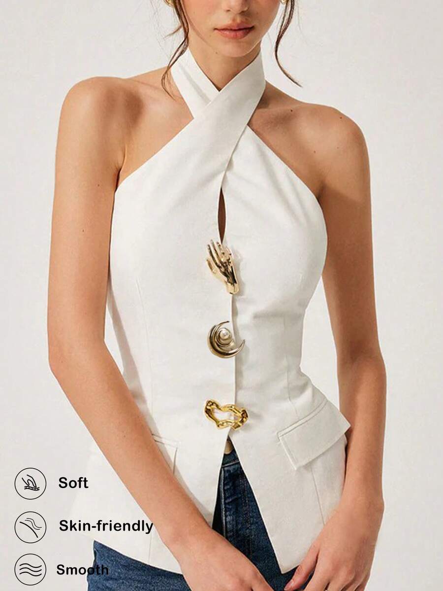 Briarwyn 女士休闲纯色露背吊带金属扣装饰上衣，优雅女士衬衫，白色衬衫，秋季女士复古风格，圣诞节女士衬衫 - 白色 - 查看 1