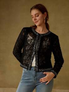 MOTF PREMIUM ELEGANTER 3D BLUMEN SPITZEN KONTRAST PAILLETTEN LEICHTER BLAZER