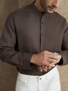 Core Aspect Men's Solid Color Front Button Casual Long Sleeve Shirt, Autumn/Winter Blouses For Men Dark Brown Shirt Mandarin Collar Men - Brown - View 7