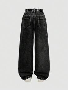 SHEIN 少女Y2K街头风休闲破洞不对称腰身柔软舒适浅蓝色牛仔裤，百搭日常穿着，2025春夏新款宽松破洞牛仔裤 - 黑色 - 查看 2