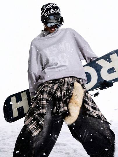 LYSMO 女式字母印花落肩长袖休闲宽松立领运动衫，秋冬