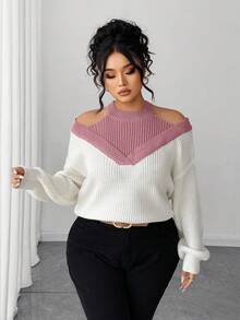 SHEIN Elenzya 女士二合一露肩撞色毛衣 - 藕粉色 - 查看 5