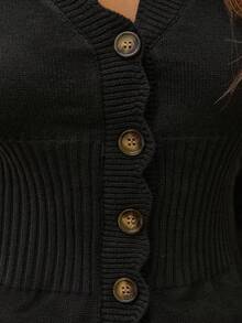 Avantive 女式纯色拱形V领长袖休闲针织开衫，秋冬 - 黑色 - 查看 7