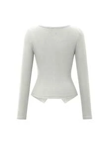 Blusa de mujer ChicEase con estilo minimalista Y2K, casual y linda, de cuello cuadrado, de unicolor y de manga larga, de estilo vintage americano, adecuada para el campus diario, la chica caliente y el uso casual en el hogar - Blanco - Ver 8