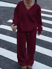 Muchica 2pcs/Set Women's Burgundy V-Neck Oversized Fluffy Fleece Elastic Loose Sweatshirt And Sweatpants, Casual Autumn/Winter Christmas - Red Violet - View 3