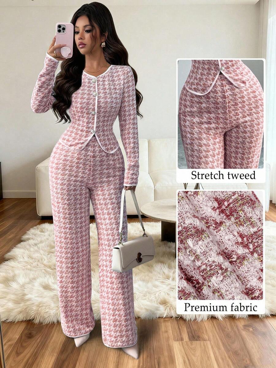Elenzga 2pcs/Set Korean Style Argyle Jacquard Splice Elegant Casual Versatile Round Neck Long Sleeve T-Shirt + Straight Leg Pants, Back To School Season, Spring/Autumn - Burgundy - View 1
