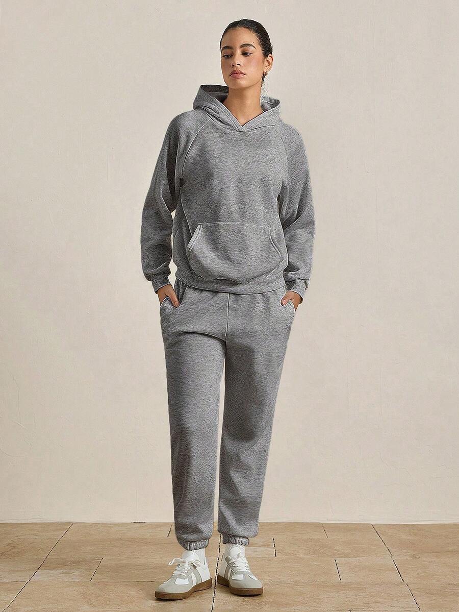 INAWLY Solva 2 chiếc áo hoodie và quần nỉ trơn màu có túi dành cho nữ trang phục thường ngày - Xám - Xem 1