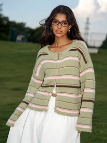 Chiquease 女士休闲条纹圆领落肩长袖针织开衫，秋冬 - 彩色 - 查看 7
