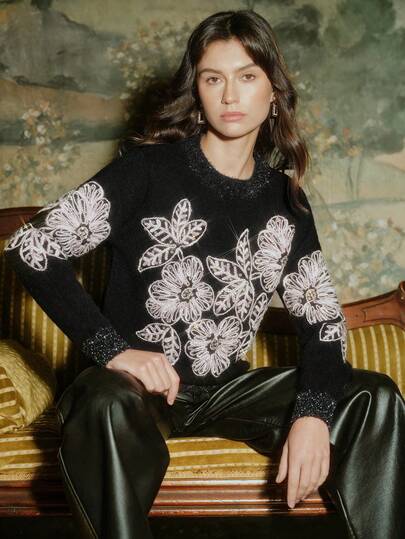 Anewsta Dames herfst/winter Franse niche-ontwerp jacquard geborduurde bloemen zachte gebreide trui, elegant, chic, stijlvol voor herfst, winter, nieuwjaar, Kerstmis, uitgaan