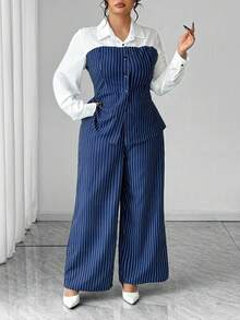 Elenzga 2 件商务休闲优雅女装：单排扣条纹衬衫 + 裤子，适合秋季办公室通勤 - 藍色 - 查看 7