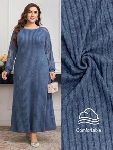 Modelyn 女士秋冬蓬松拼布向日葵蕾丝细节连衣裙 - 藍色 - 查看 1