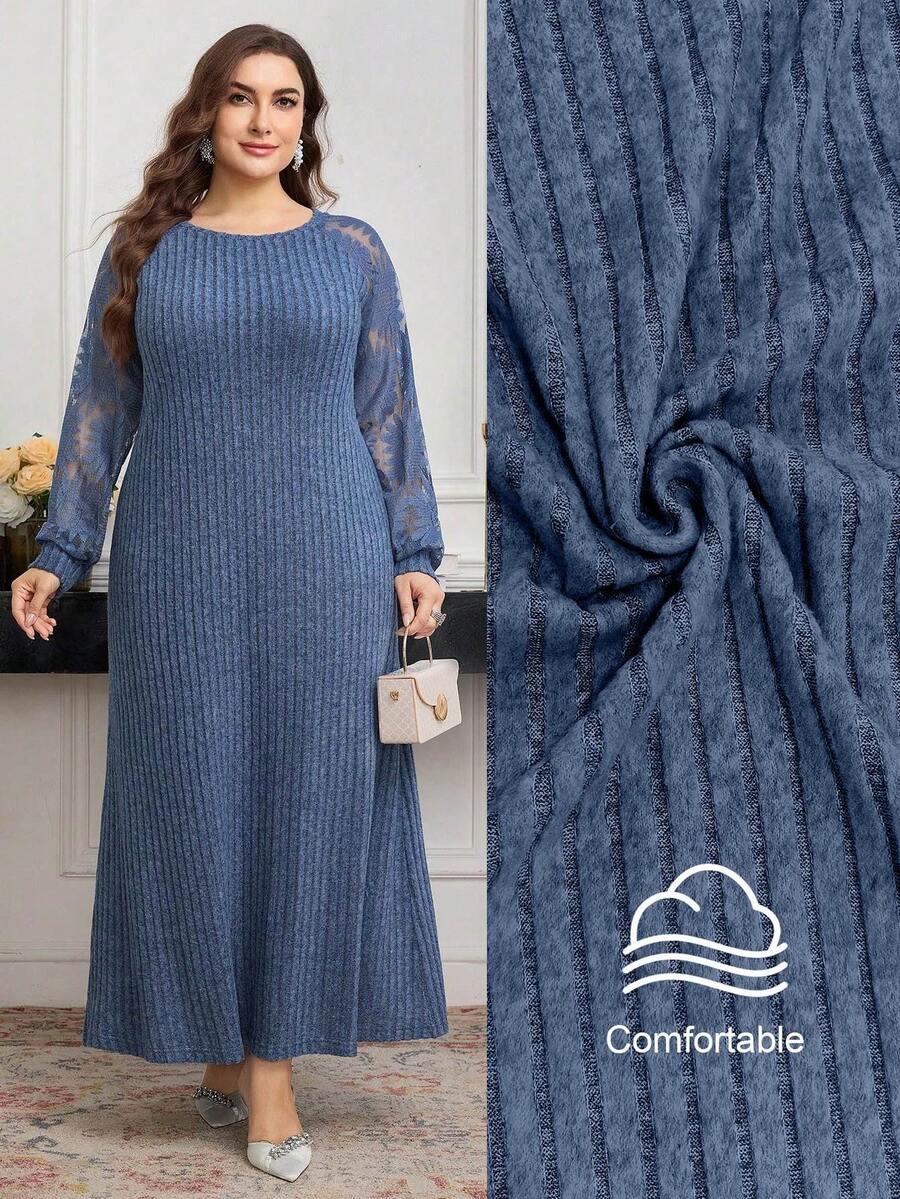 Modelyn 女士秋冬蓬松拼布向日葵蕾丝细节连衣裙 - 藍色 - 查看 1