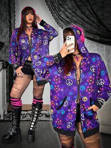 Flirla Grunge Punk Plus Size Punk Pentagram Print Long Sweatshirt - Purple - View 1