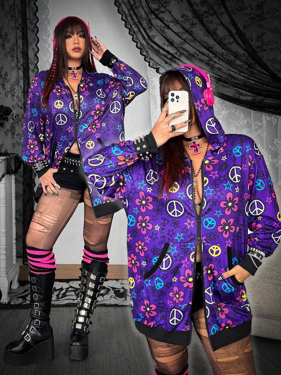 Flirla Grunge Punk Plus Size Punk Pentagram Print Long Sweatshirt - Purple - View 1