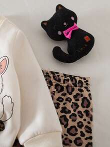 SHEIN 2pcs Baby Girl Cute Cartoon Pattern Knit Sweatshirt And Leopard Print Pants Set, Autumn/Winter - Multicolor - View 6