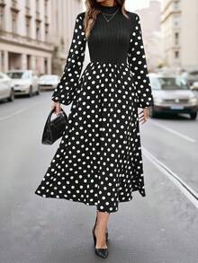 SHEIN Clasi 女士优雅长款波点印花灯笼袖立领连衣裙，秋季波点连衣裙，女士黑白波点连衣裙，长袖中长连衣裙，波点连衣裙，黑白连衣裙，女士黑色连衣裙，黑色波点连衣裙，波点连衣裙，女士秋季连衣裙，女士秋季服装 - 黑與白 - 查看 5