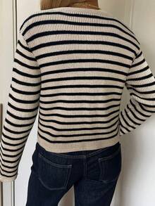 SHEIN EZwear 黑色和米色条纹针织开衫，正面带纽扣，女士休闲秋冬装 - 卡其色 - 查看 2