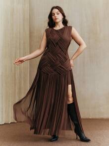 Anewsta Plus Size Women's Brown Coffee Sleeveless Mesh Tassel Street Style Elegant Dress, Suitable For Fall, Winter, Spring, New Year, Party, Wedding, Chic, Stylish, Cozy, Thanksgiving - Brown - View 1