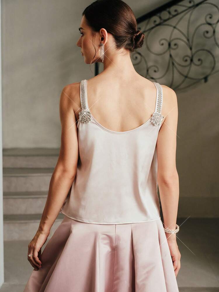 Women's New Satin Studded Camisole V-Neck Brown, Coffee, Wine Red Sexy Blouse Shirt