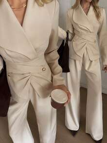 Elyressa Set de 2 bucăți: cămașă cu mânecă lungă cu cataramă metalică în talie și pantaloni