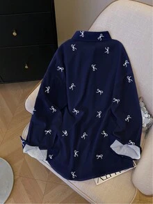 SHEIN Áo sơ mi dài tay cài nút in nơ thoải mái, rộng rãi, dễ mặc hàng ngày dành cho nữ - Nhiều màu - Xem 2