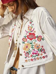 Bohemela Boho Vacation Style Casual Woven Denim Embroidered Sleeveless Cropped Fitted Women Jacket - White - View 7