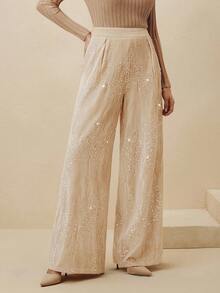 Anewsta Autumn/Winter New Khaki Velvet High-Waisted Zipper Pocket Straight Leg Wide Leg Pants For Women - Khaki - View 5