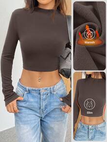 SHEIN EZwear 女士休闲立领长袖短款修身T恤，咖啡棕色，秋冬 - 咖啡棕 - 查看 4
