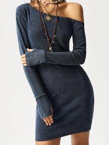 Bohemela Casual Solid Color Knit Asymmetric Collar Long Sleeve Fitted Washed Mini Dress For Women - Dark Grey - View 3