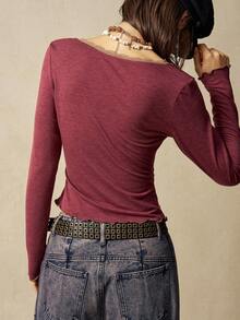 Bohemela Maglietta a maniche lunghe aderente da donna, scollo a V, tinta unita