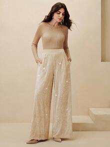 Anewsta Autumn/Winter New Khaki Velvet High-Waisted Zipper Pocket Straight Leg Wide Leg Pants For Women - Khaki - View 4