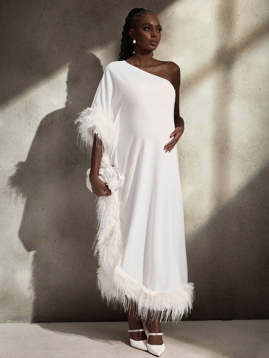 Cheriluna Maternity Abito da maternità per servizio fotografico, maniche a 3/4, scollo asimmetrico, vestibilità morbida, orlo lungo e soffice - Bianco - Visualizzare 1