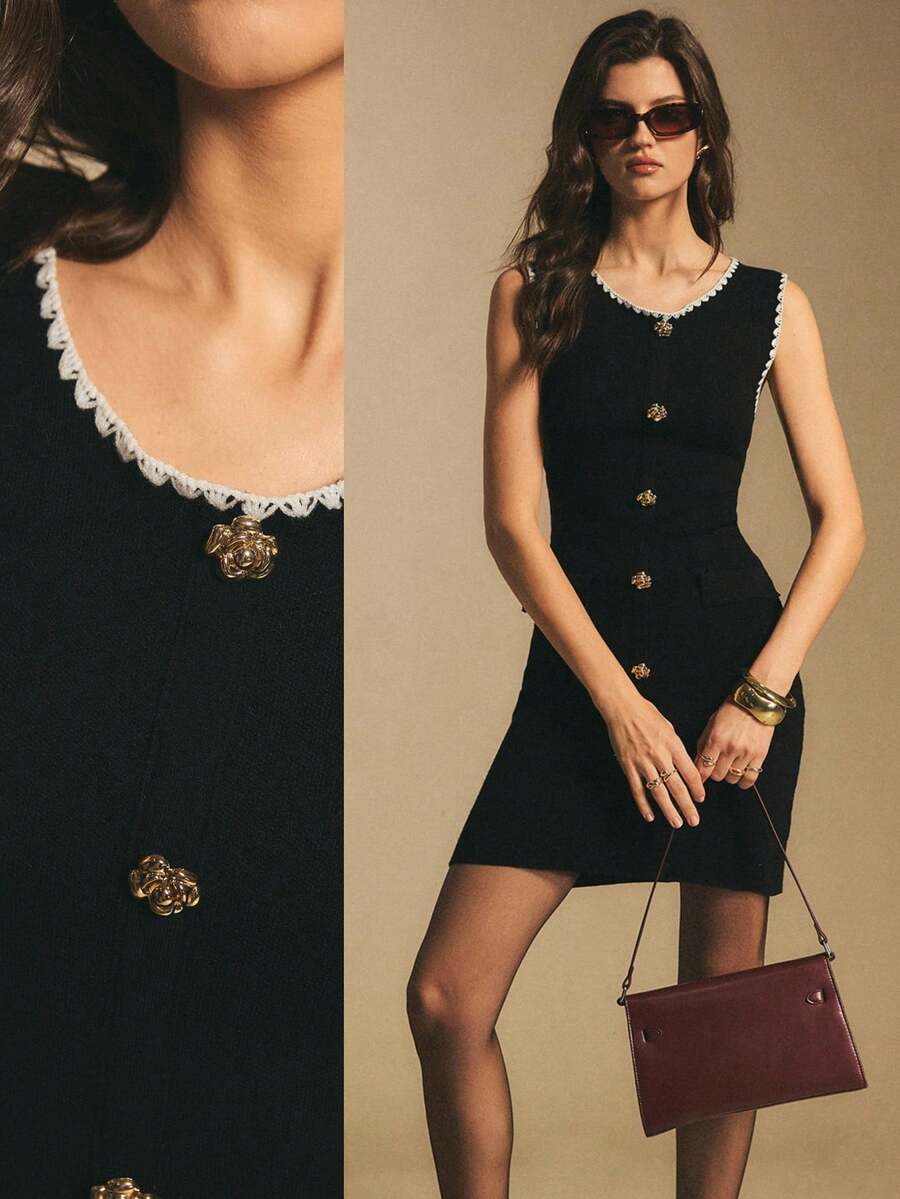 Poéselle 女式撞色镶边圆领优雅无袖毛衣裙 - 黑色 - 查看 1