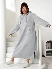 Solflare 大码女式秋季休闲连帽长袖卫衣裙，带口袋、开衩设计、加厚保暖内衬，适合秋冬季穿着。 - 淺灰色 - 查看 3